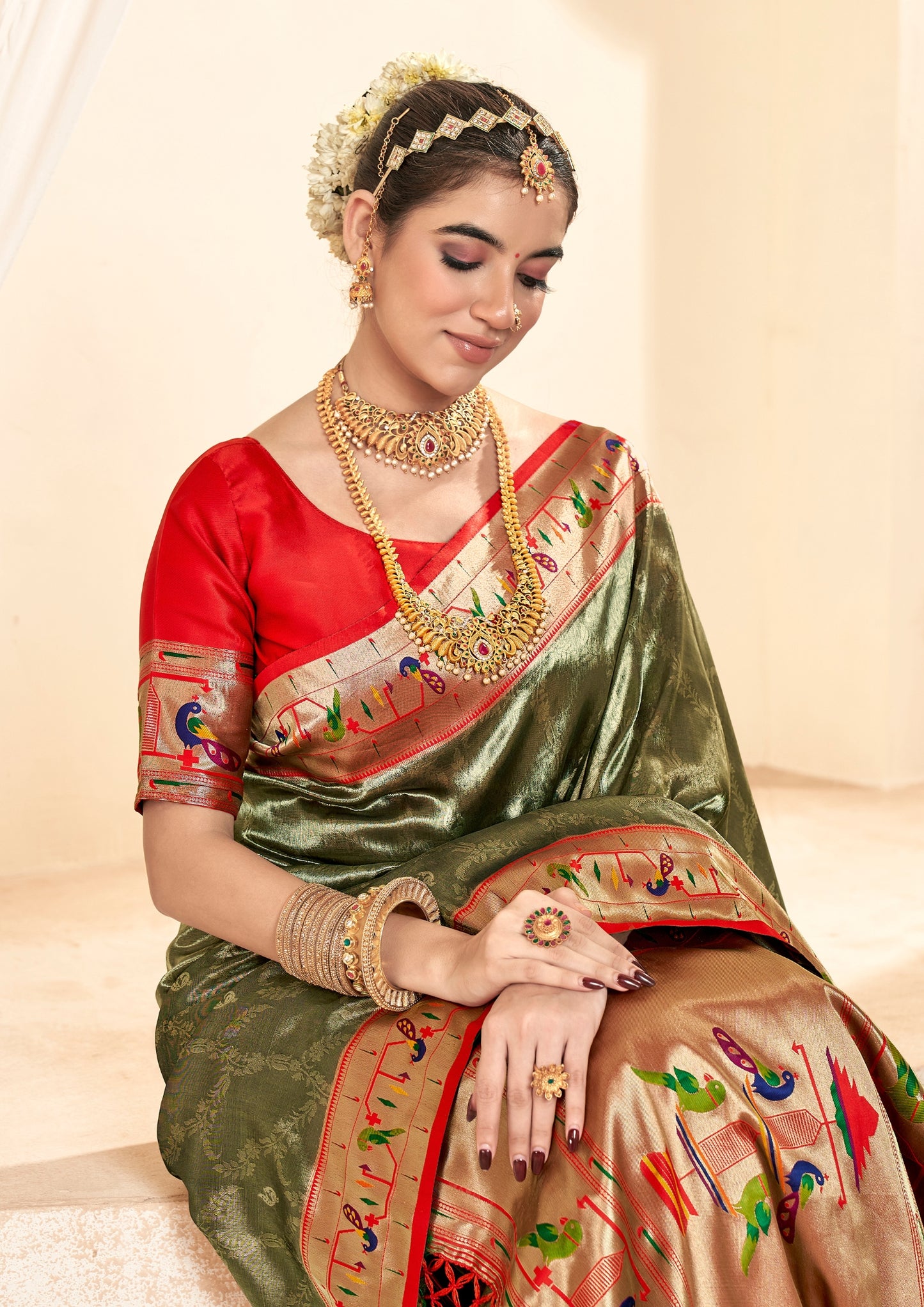 Pure Paithani Tissue Green Silk Saree with Zari Border