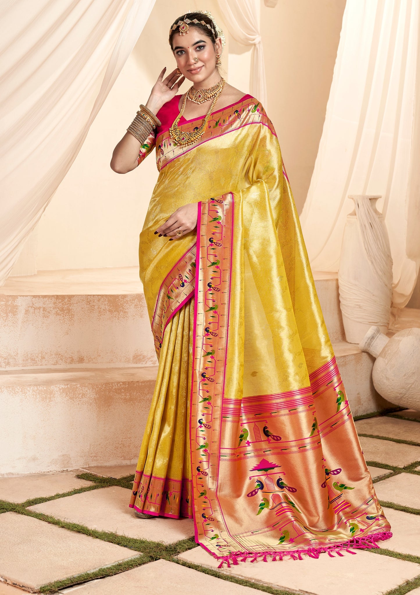Pure Paithani Tissue Yellow Silk With Zari Border