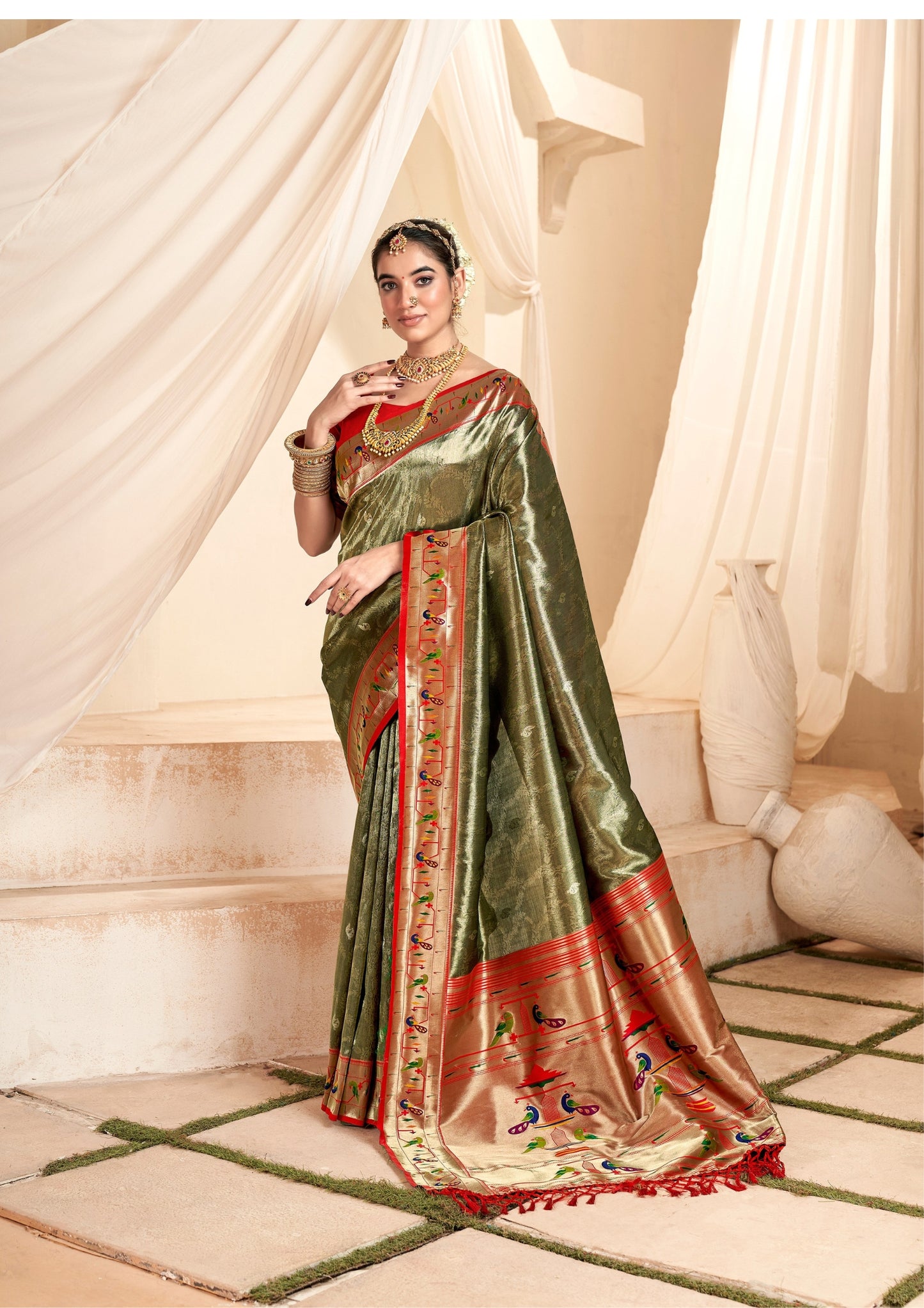Pure Paithani Tissue Green Silk Saree with Zari Border