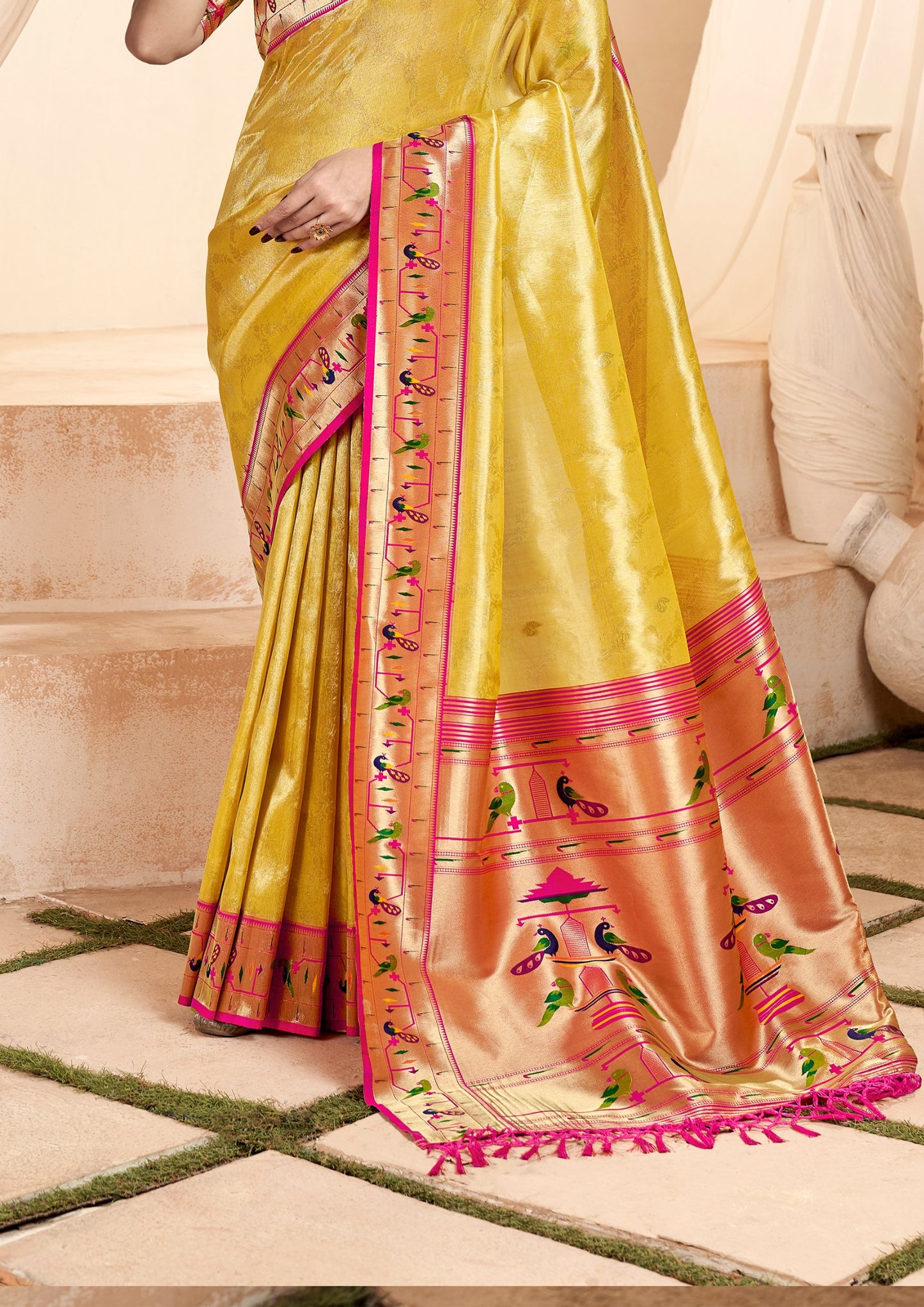 Pure Paithani Tissue Yellow Silk With Zari Border