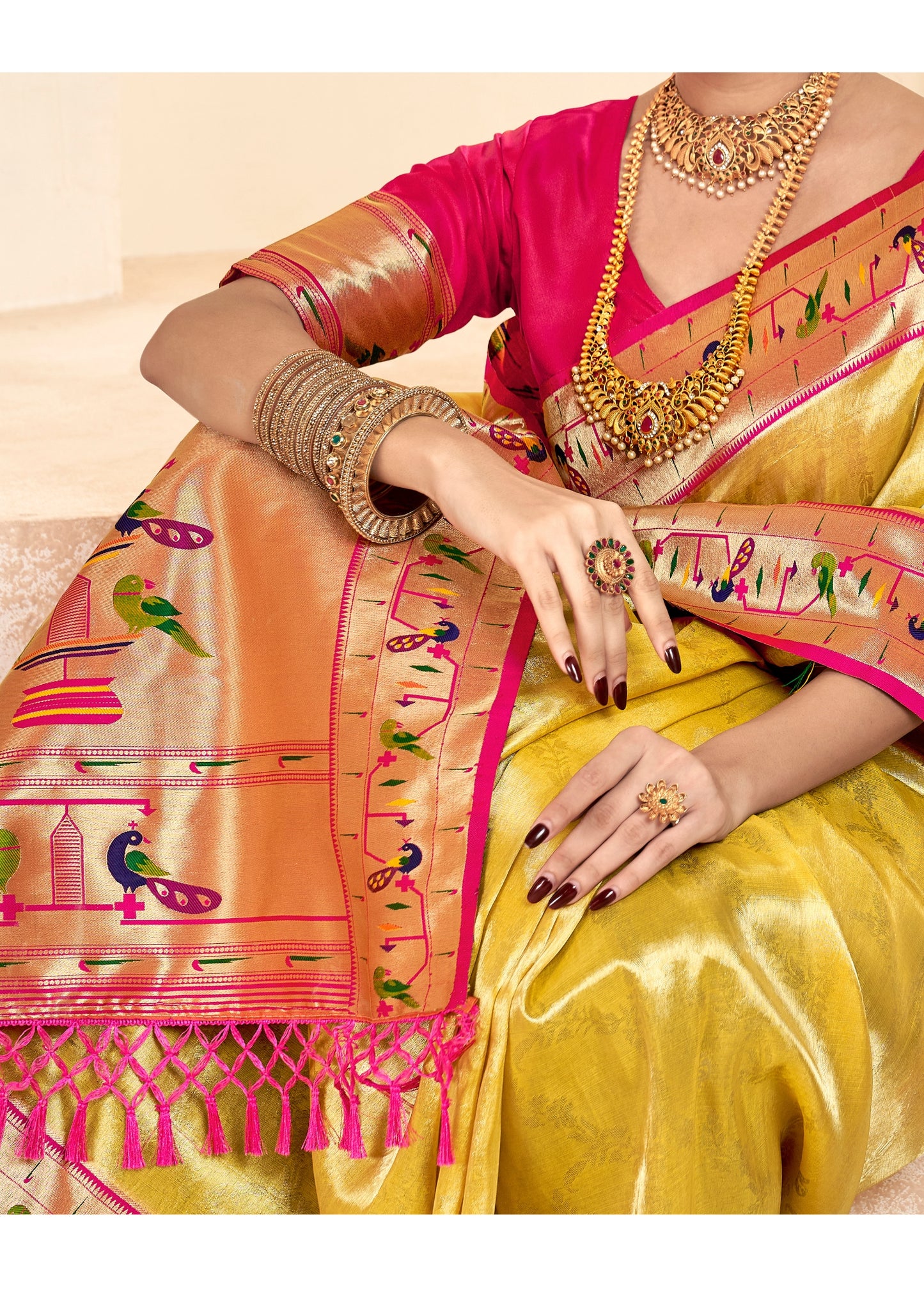Pure Paithani Tissue Yellow Silk With Zari Border