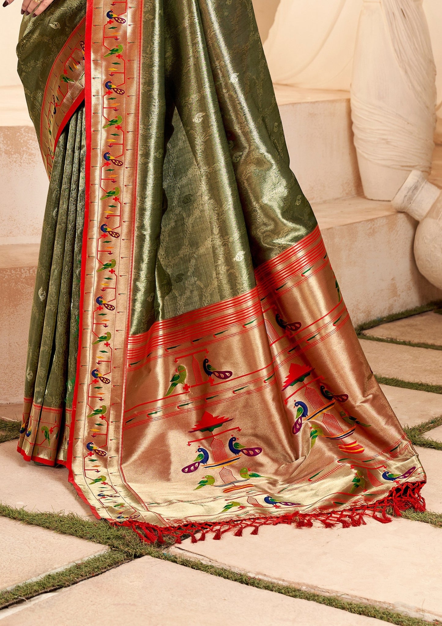 Pure Paithani Tissue Green Silk Saree with Zari Border