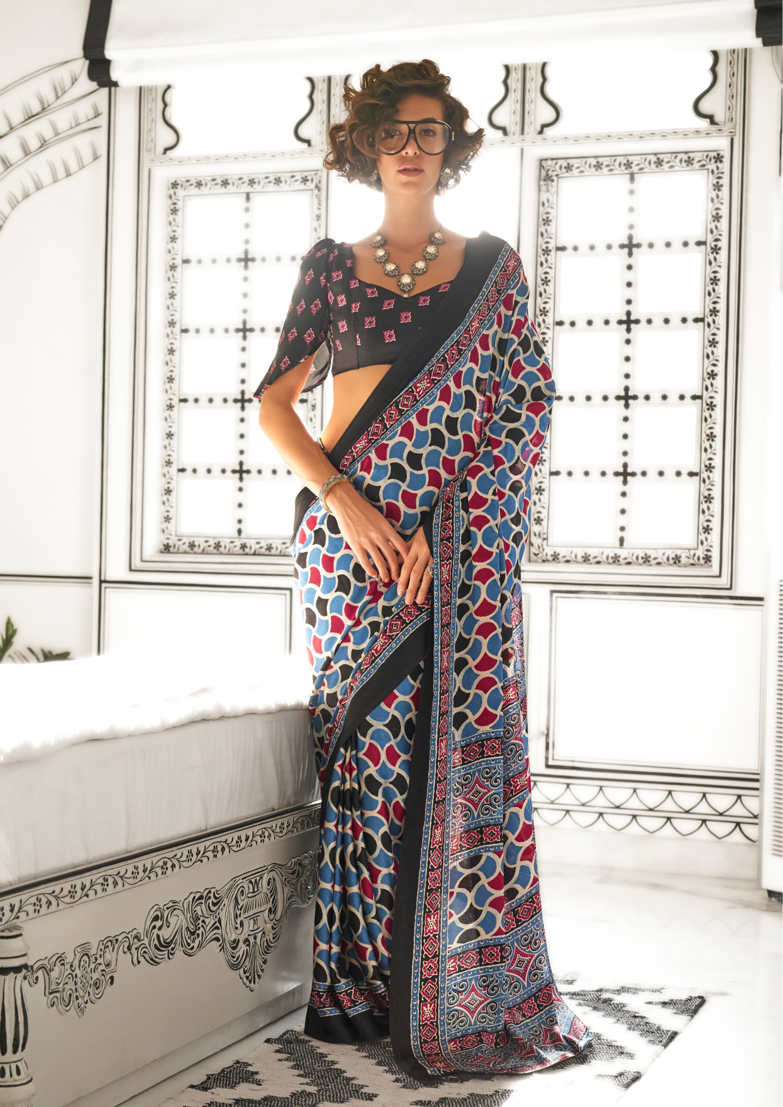 Blue and Pink Ajrakh Printed Satin crepe Saree