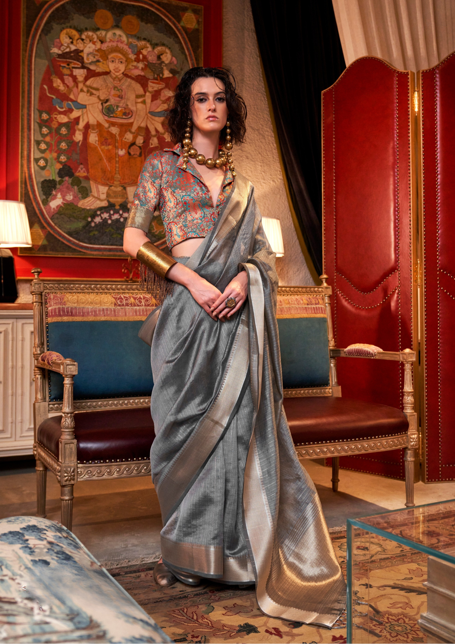 Grey moss chiffon handloom weaving saree