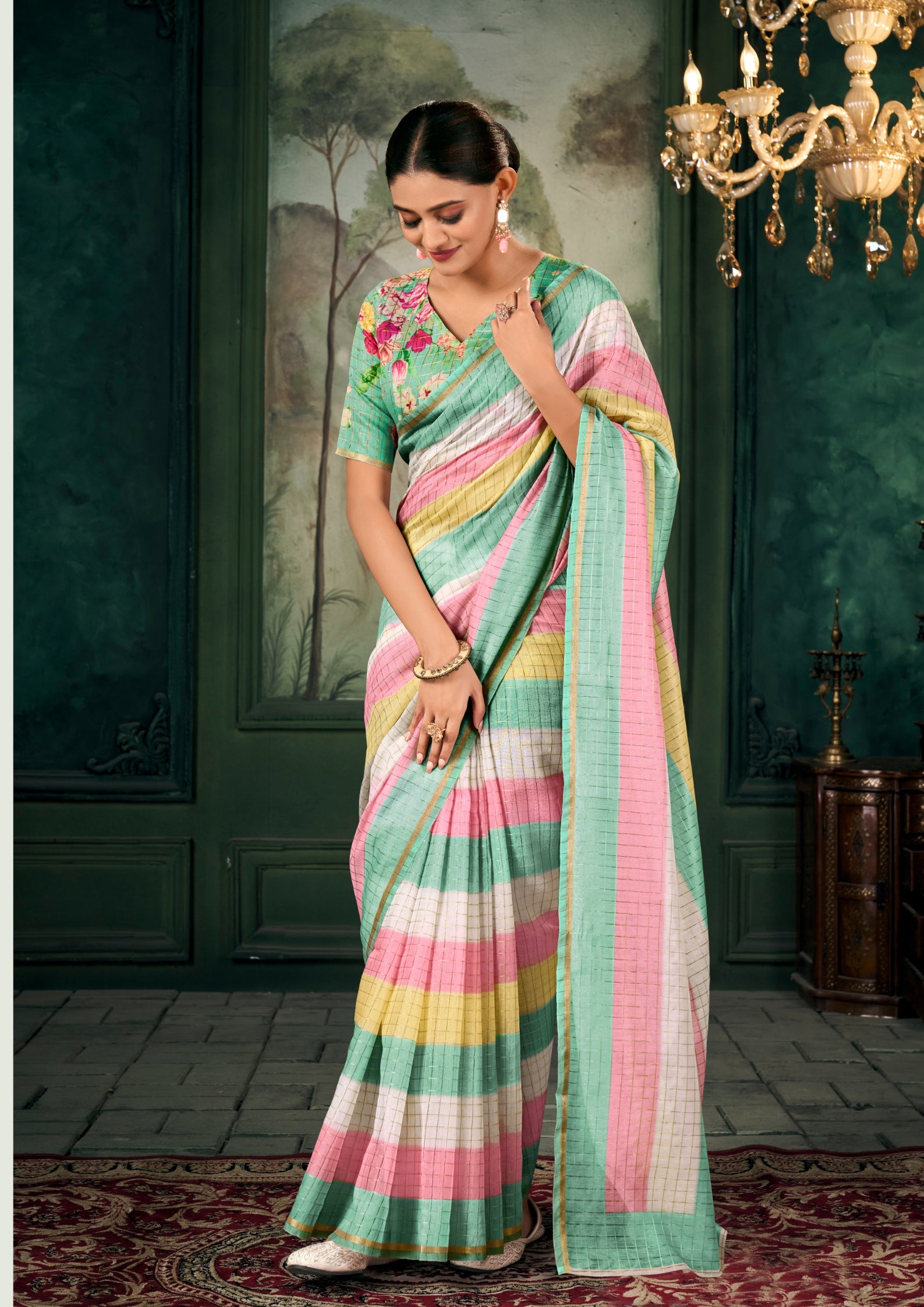 Soft Linen Multicolour Strips Mint Saree