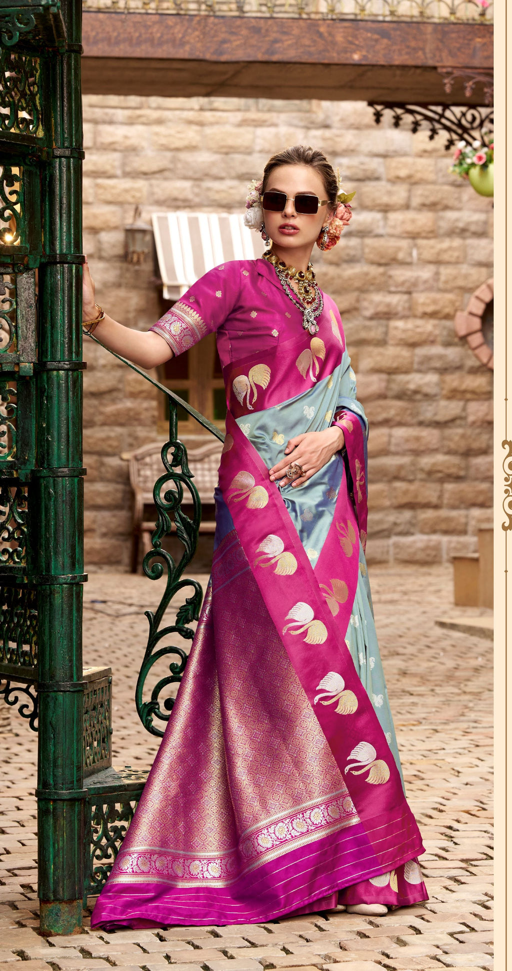Grey Soft Satin Silk Saree with Pink Border