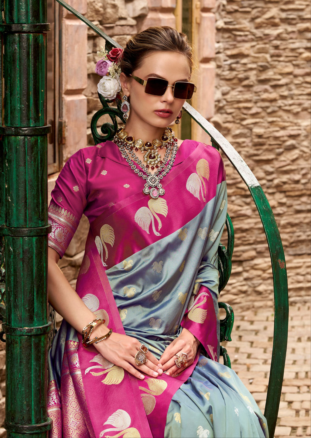 Grey Soft Satin Silk Saree with Pink Border