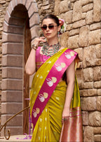 Mustard Yellow Soft Satin Silk Saree with Pink Border