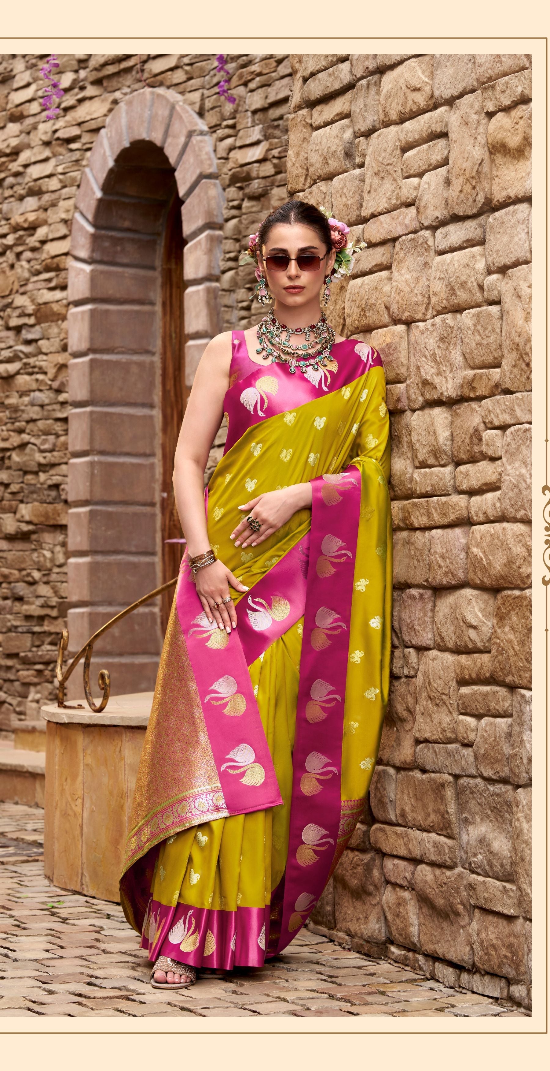 Mustard Yellow Soft Satin Silk Saree with Pink Border
