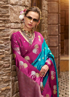 Blue Soft Satin Silk Saree with Pink Border