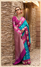 Blue Soft Satin Silk Saree with Pink Border