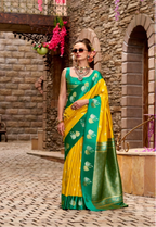 Yellow Soft Satin Silk Saree with Green Border
