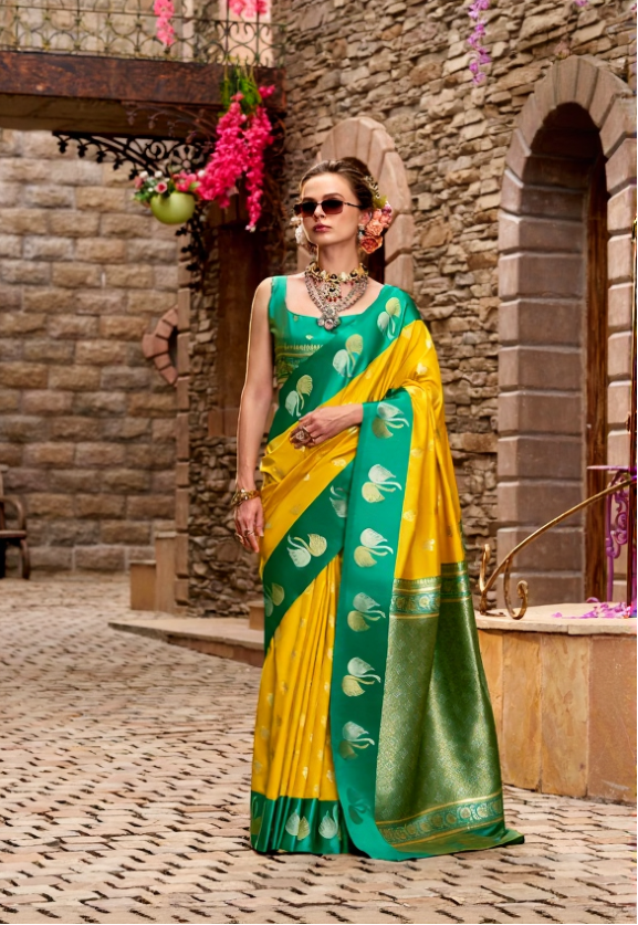 Yellow Soft Satin Silk Saree with Green Border