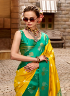 Yellow Soft Satin Silk Saree with Green Border