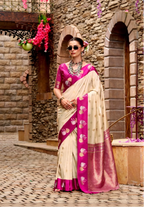 Off-White Soft Satin Silk Saree with Pink Border