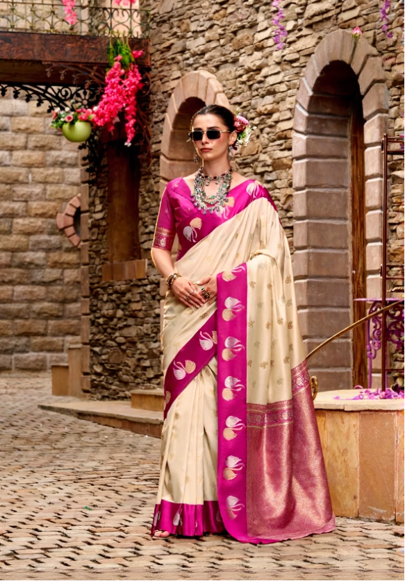 Off-White Soft Satin Silk Saree with Pink Border