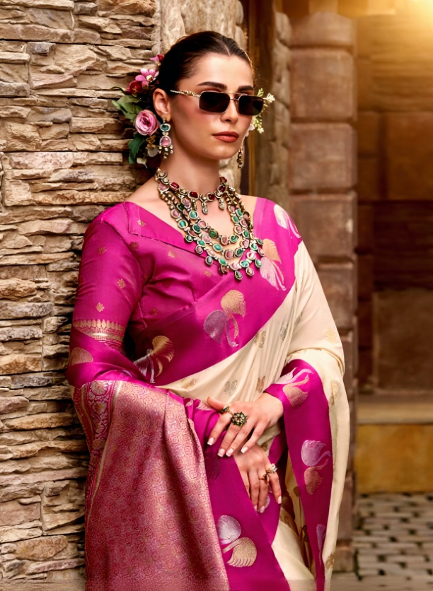 Off-White Soft Satin Silk Saree with Pink Border