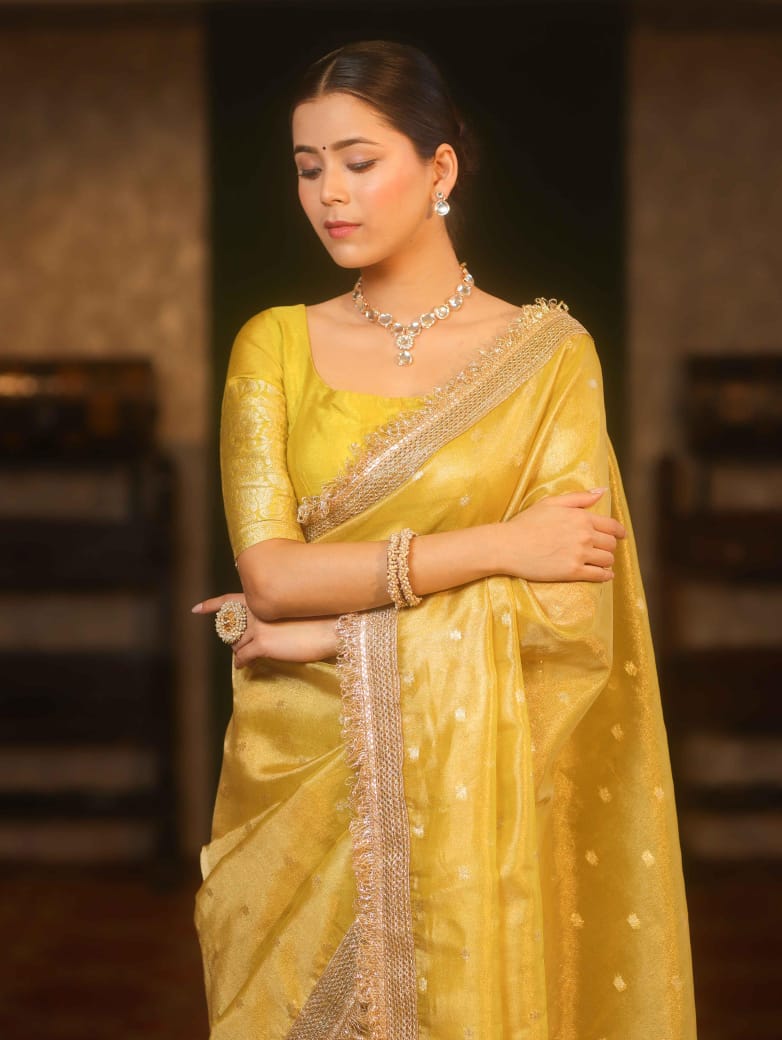 Yellow Banarasi Tissue saree with Zari Buti And Kiran lace