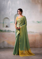 Green Gold Handloom Tissue Saree with Contrast Blouse