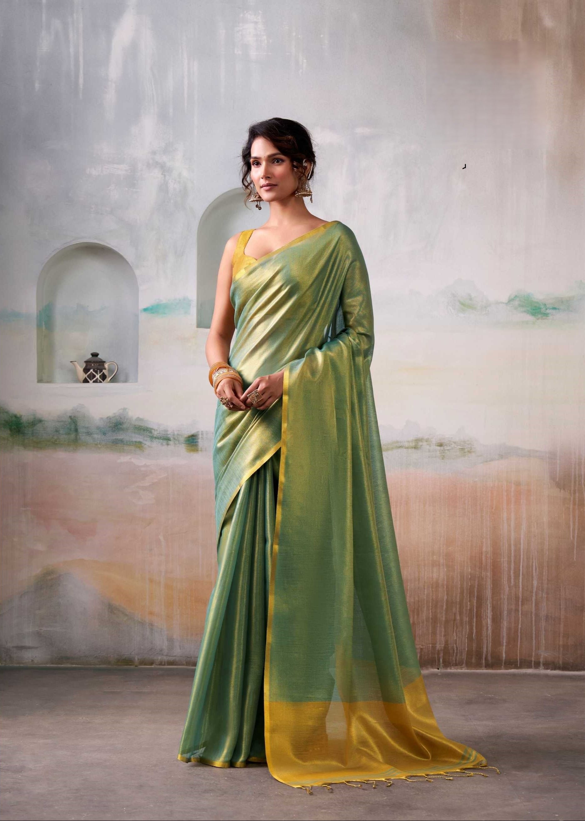 Green Gold Handloom Tissue Saree with Contrast Blouse