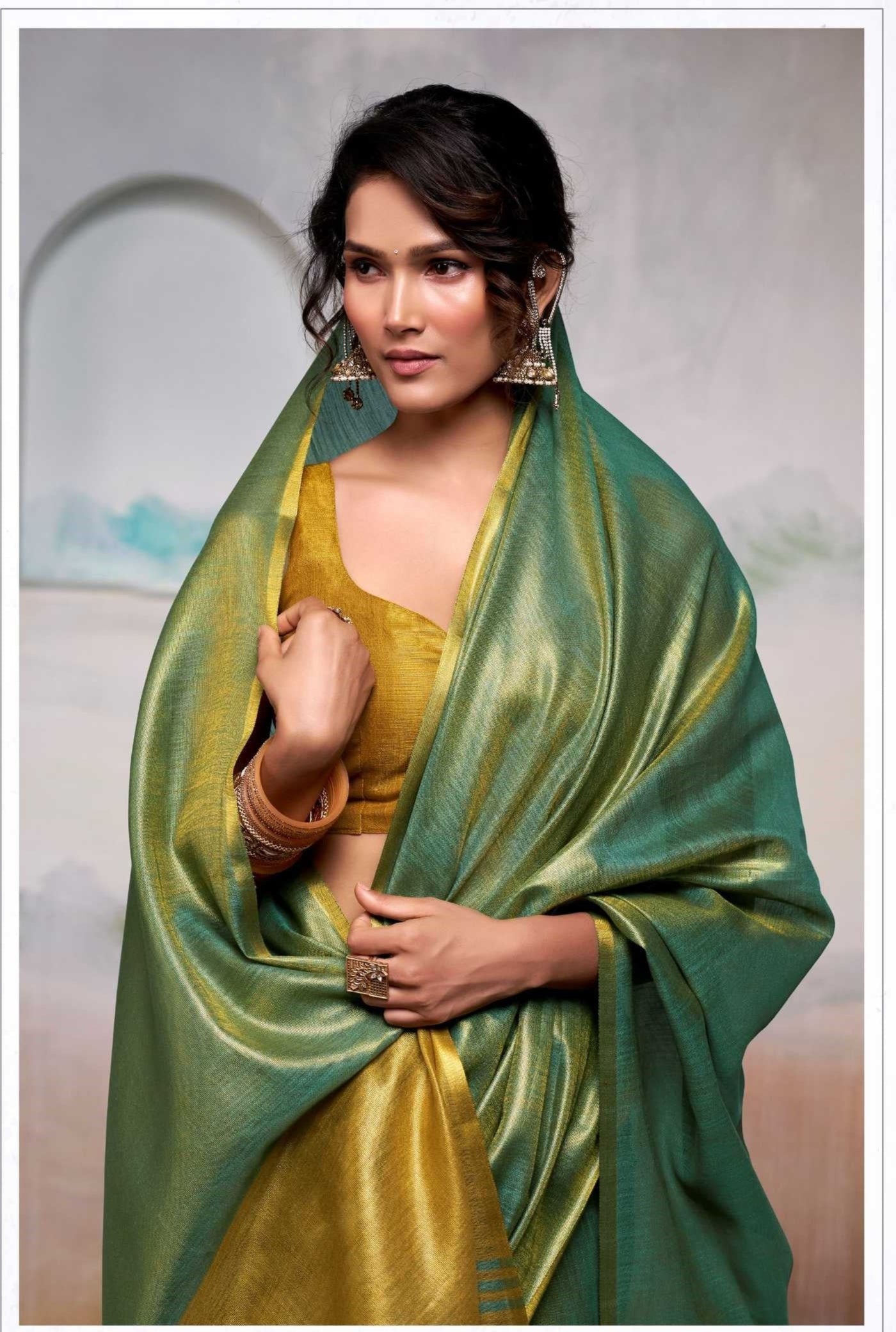 Green Gold Handloom Tissue Saree with Contrast Blouse