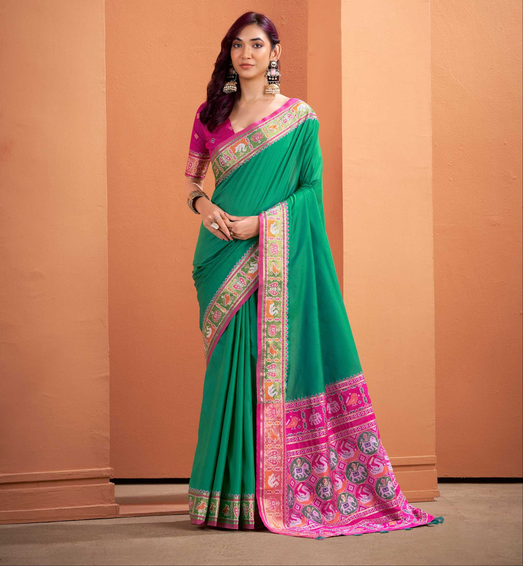Green Soft Silk Saree with Patola Borders and Pallu