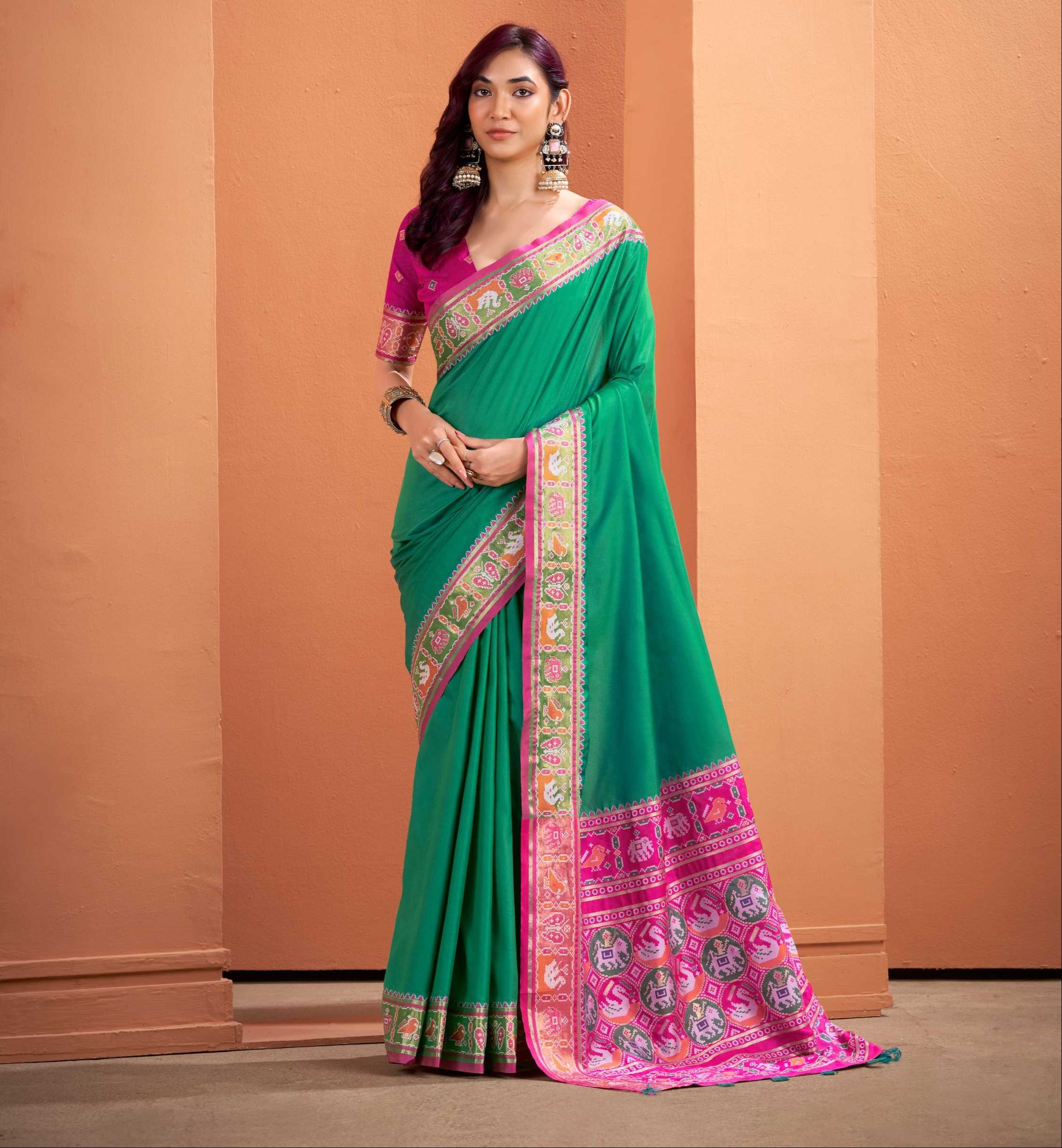 Green Soft Silk Saree with Patola Borders and Pallu