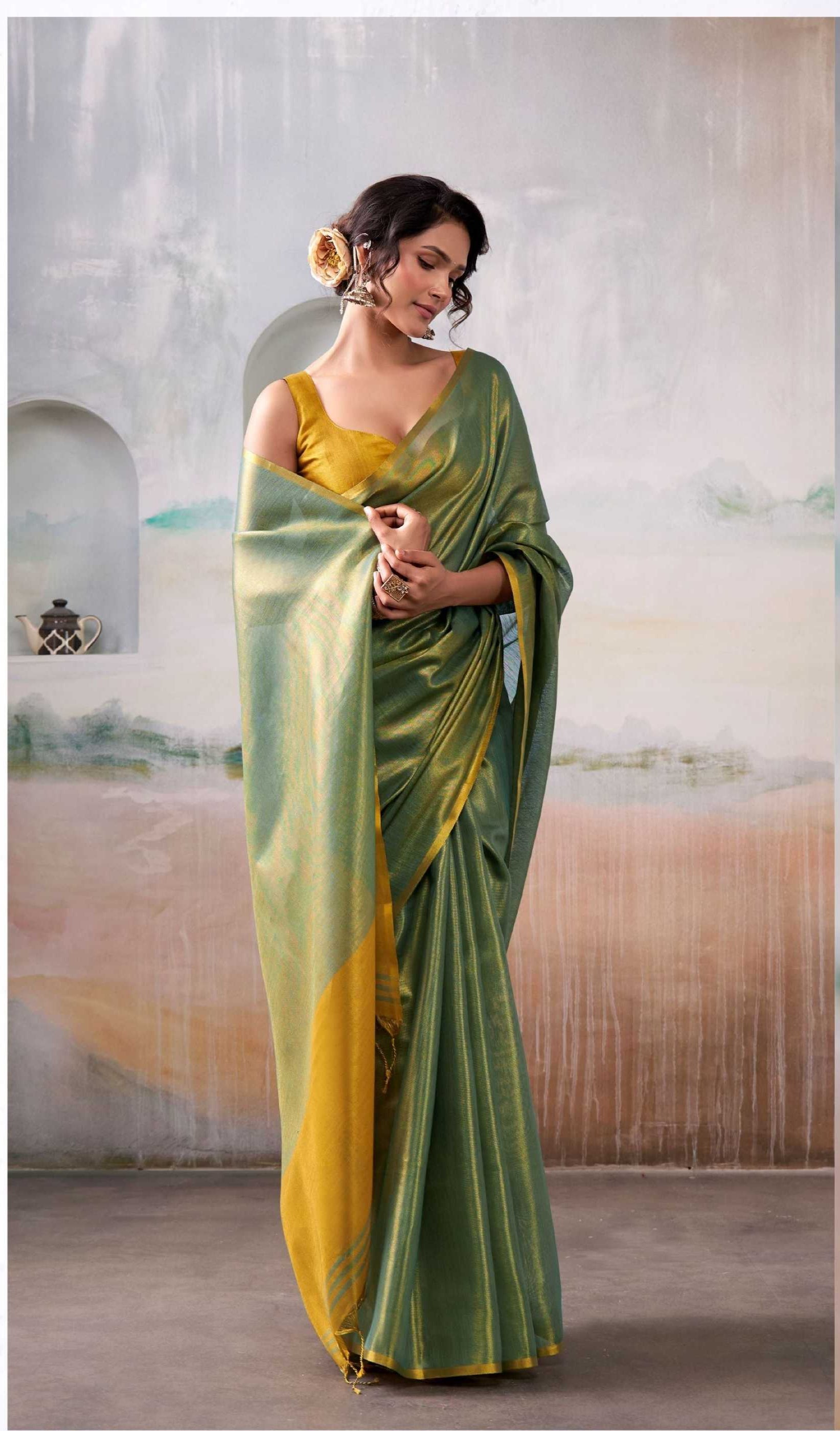 Green Gold Handloom Tissue Saree with Contrast Blouse