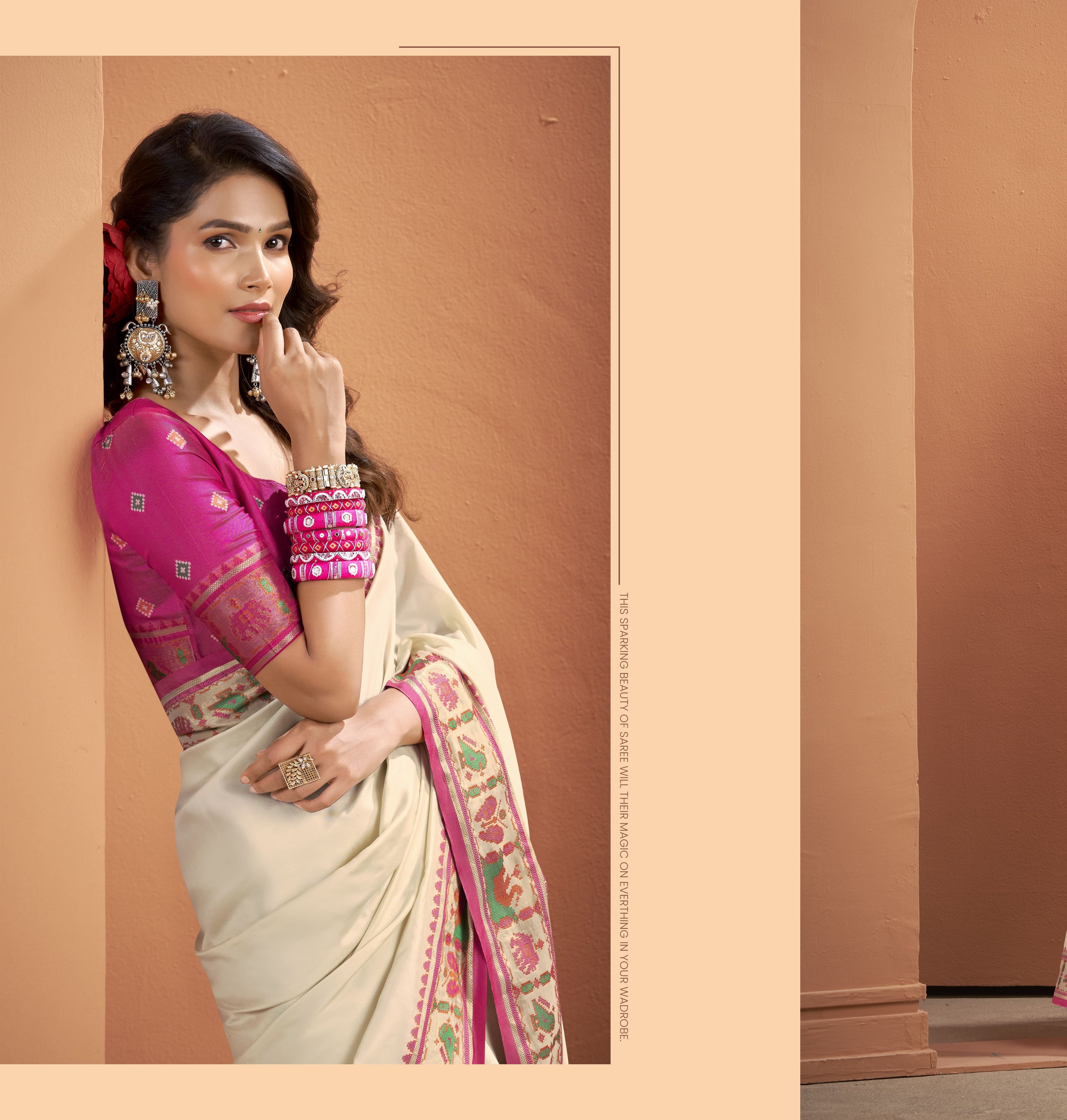 Off-White Soft Silk Saree with Patola Borders and Pallu