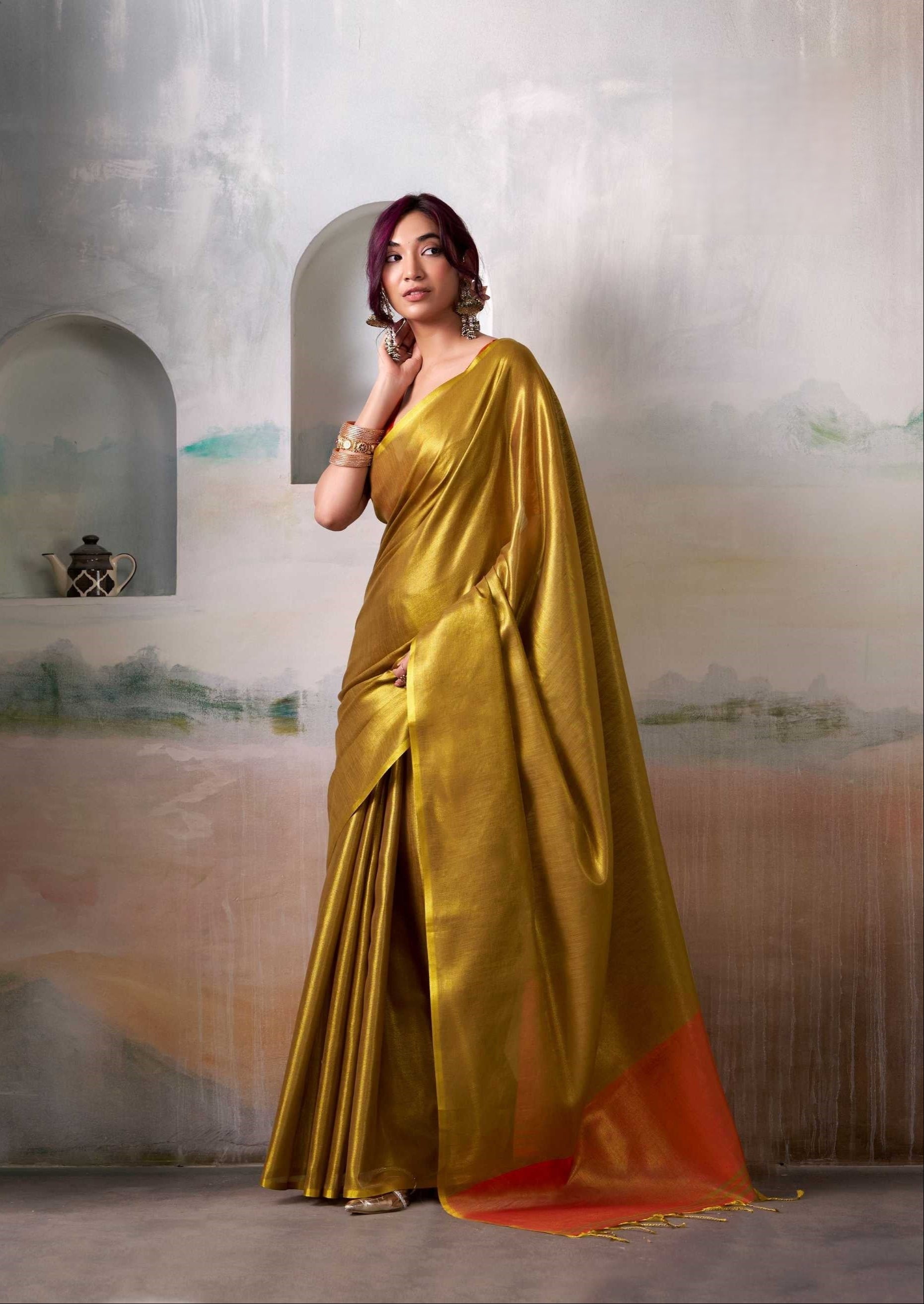 Gold Handloom Tissue Saree with Contrast Blouse