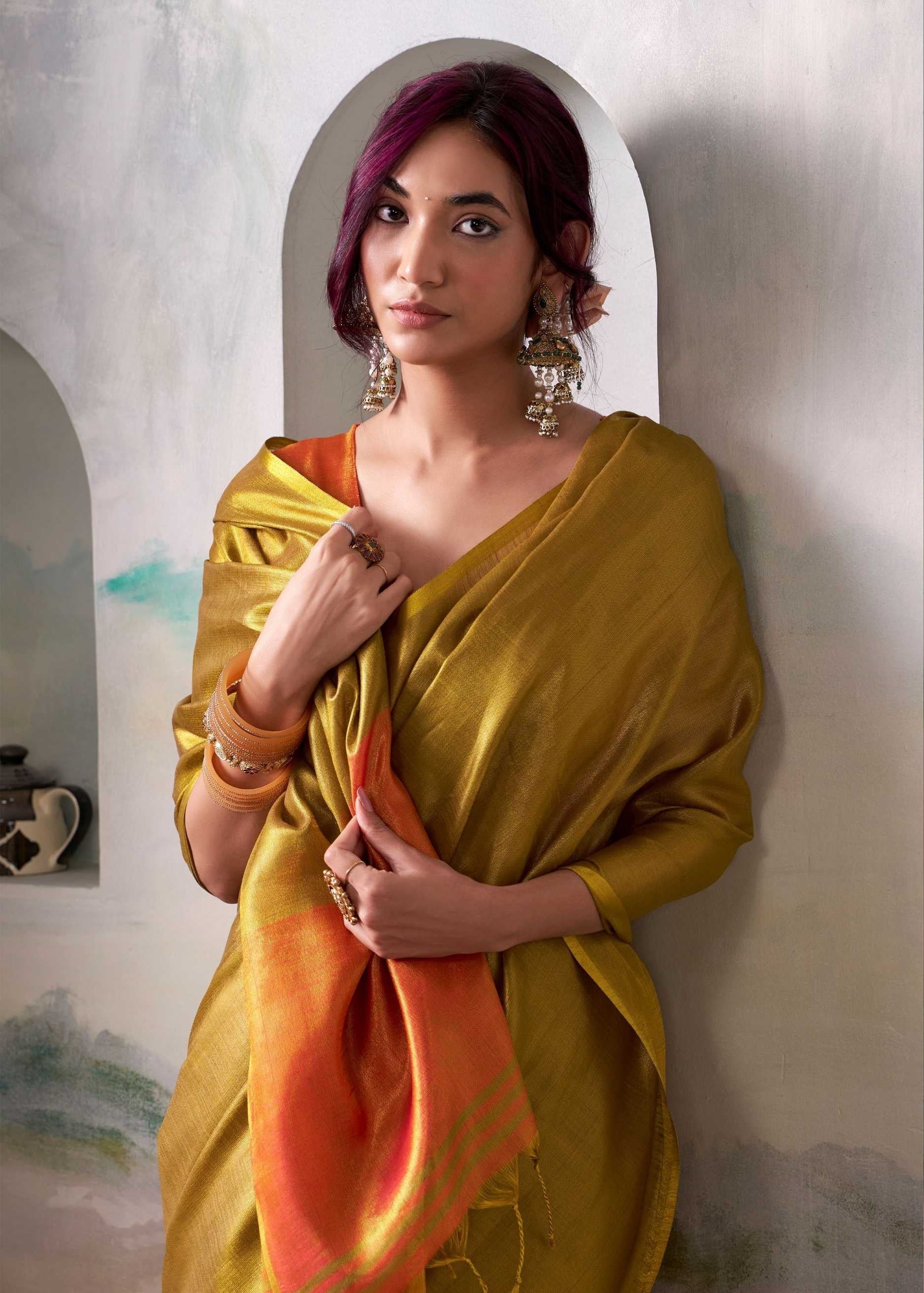 Gold Handloom Tissue Saree with Contrast Blouse