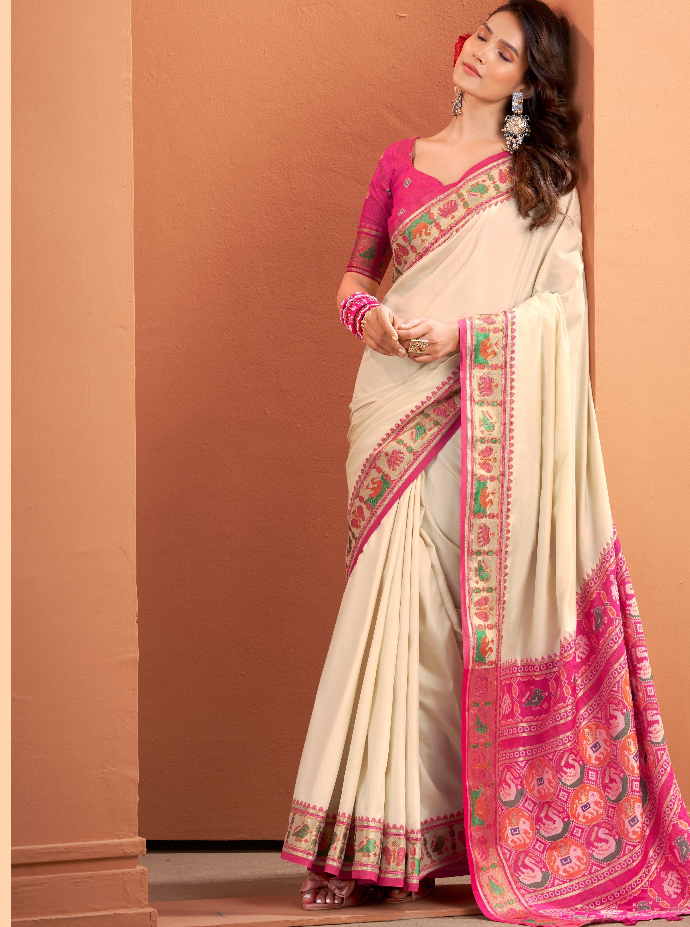 Off-White Soft Silk Saree with Patola Borders and Pallu