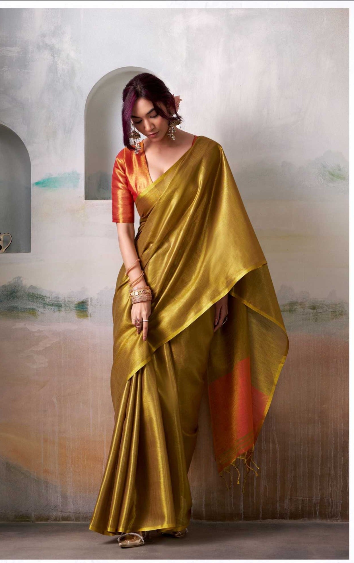 Gold Handloom Tissue Saree with Contrast Blouse