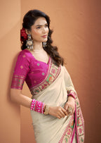 Off-White Soft Silk Saree with Patola Borders and Pallu