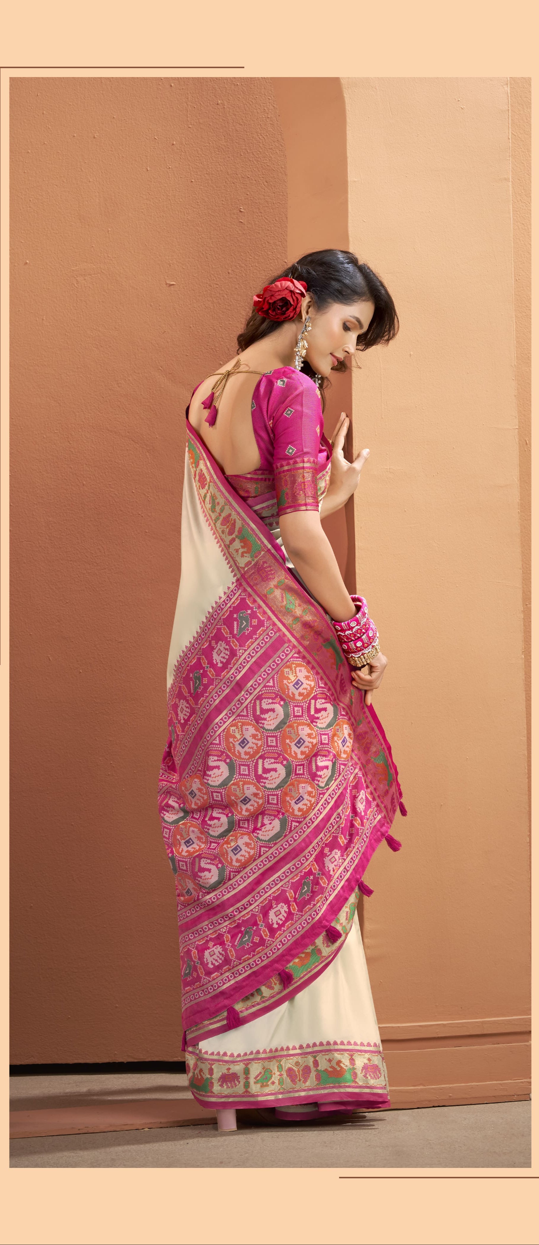 Off-White Soft Silk Saree with Patola Borders and Pallu