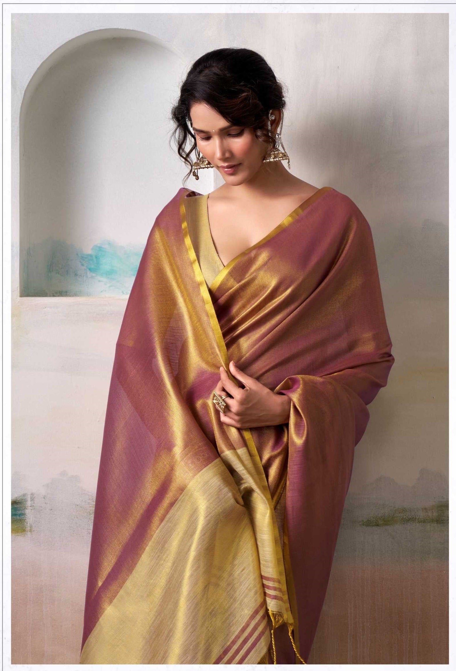 Rose Gold Handloom Tissue Saree with Contrast Blouse