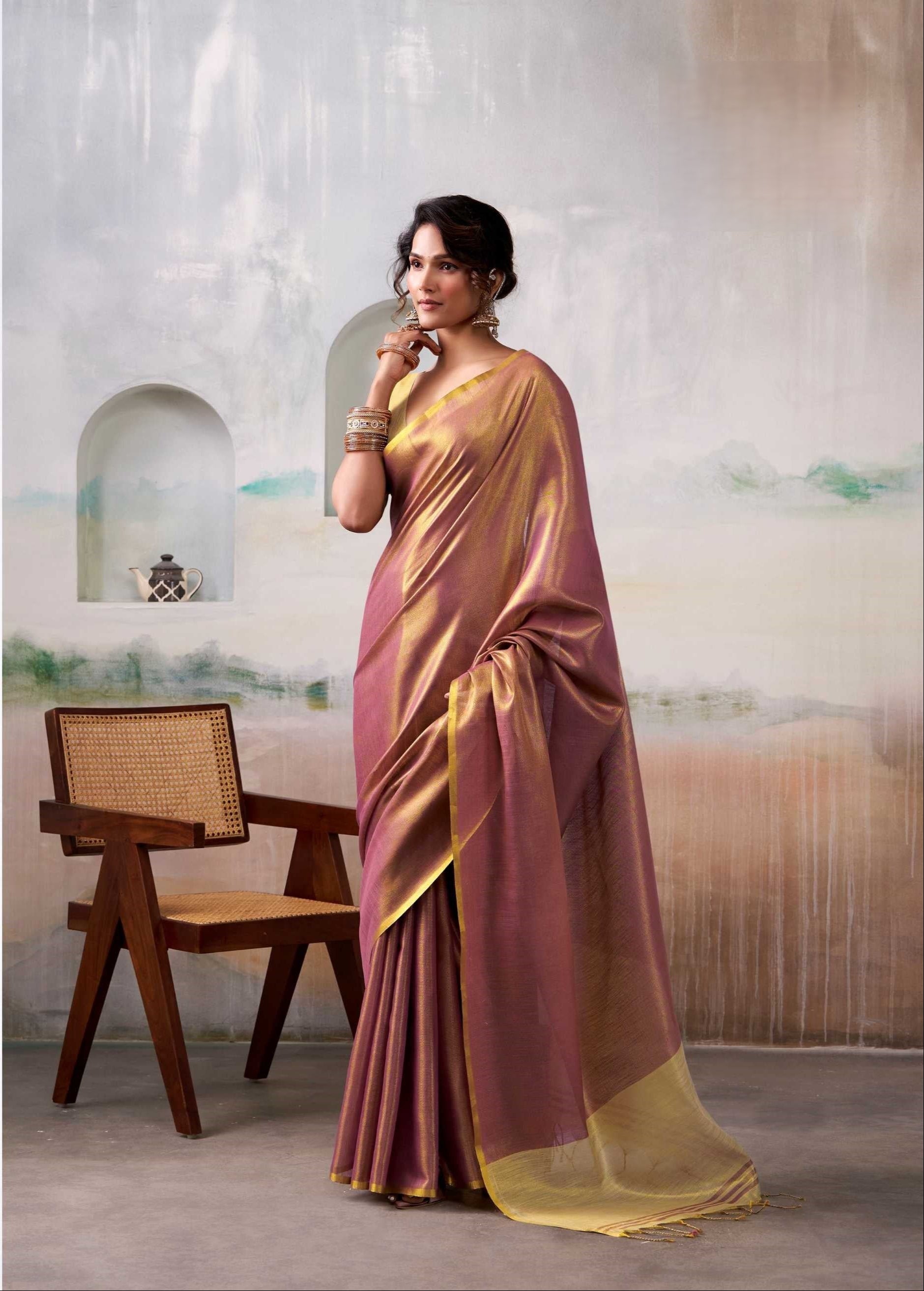Rose Gold Handloom Tissue Saree with Contrast Blouse