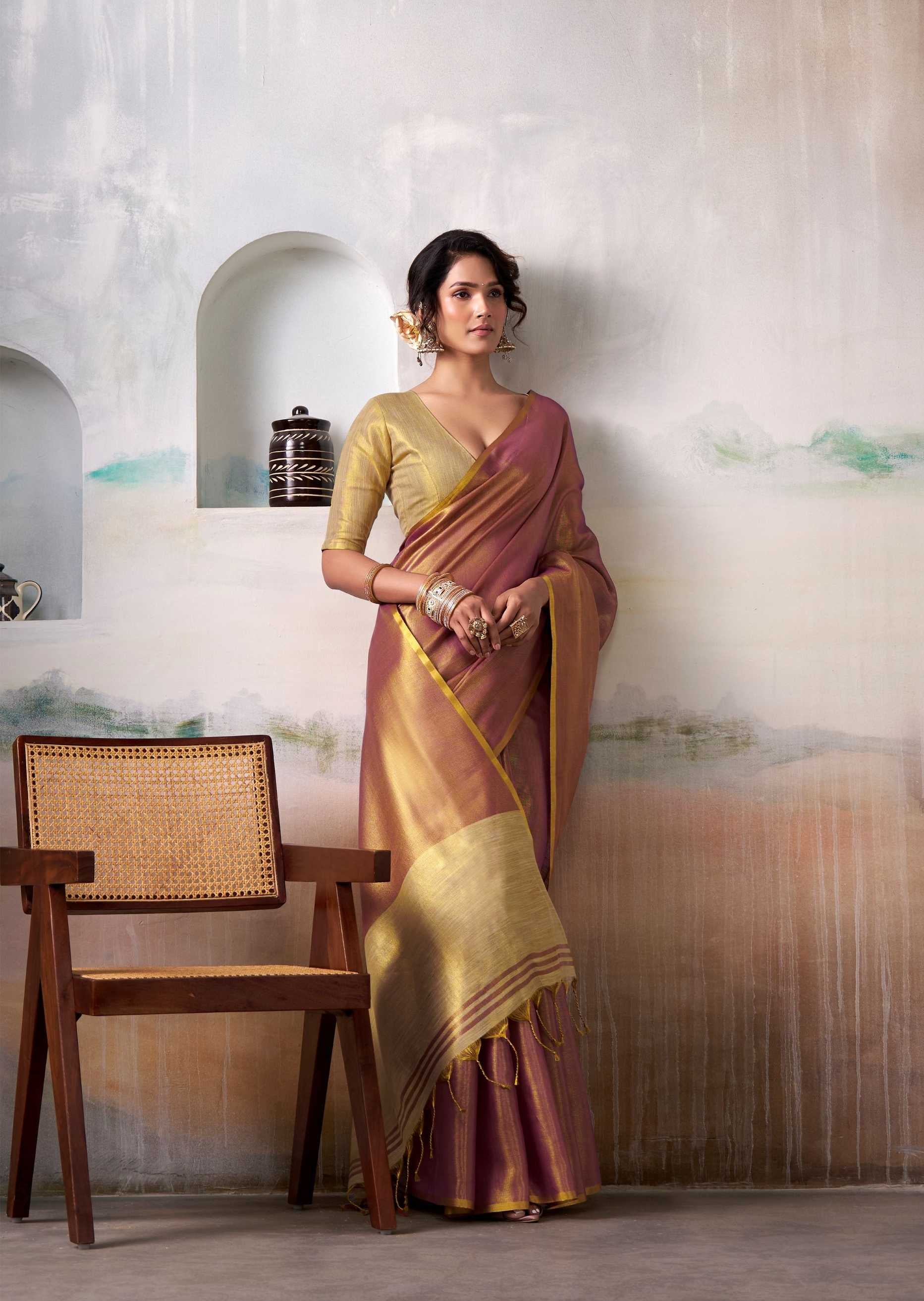 Rose Gold Handloom Tissue Saree with Contrast Blouse