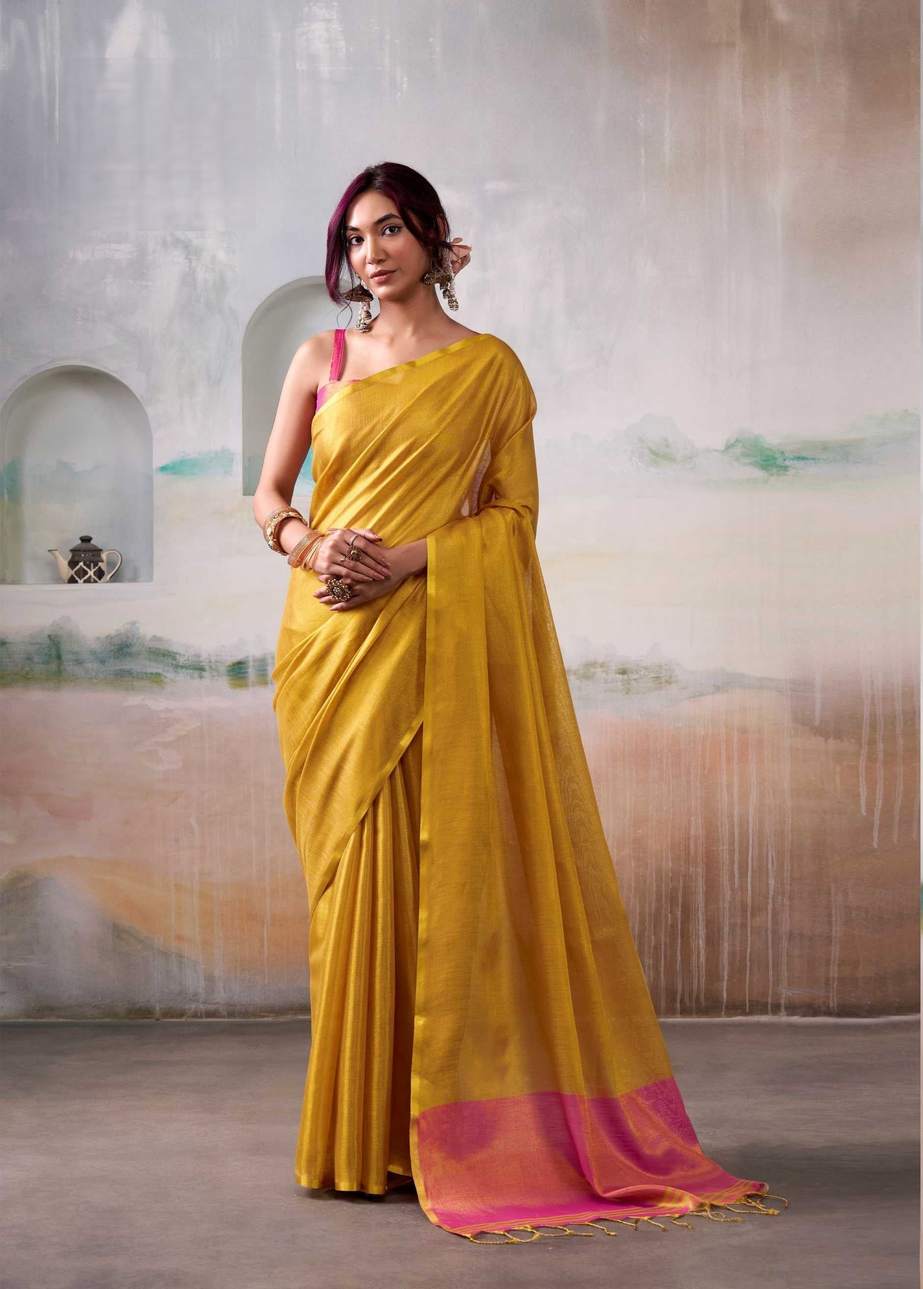 Yellow Handloom Tissue Saree with Contrast Blouse