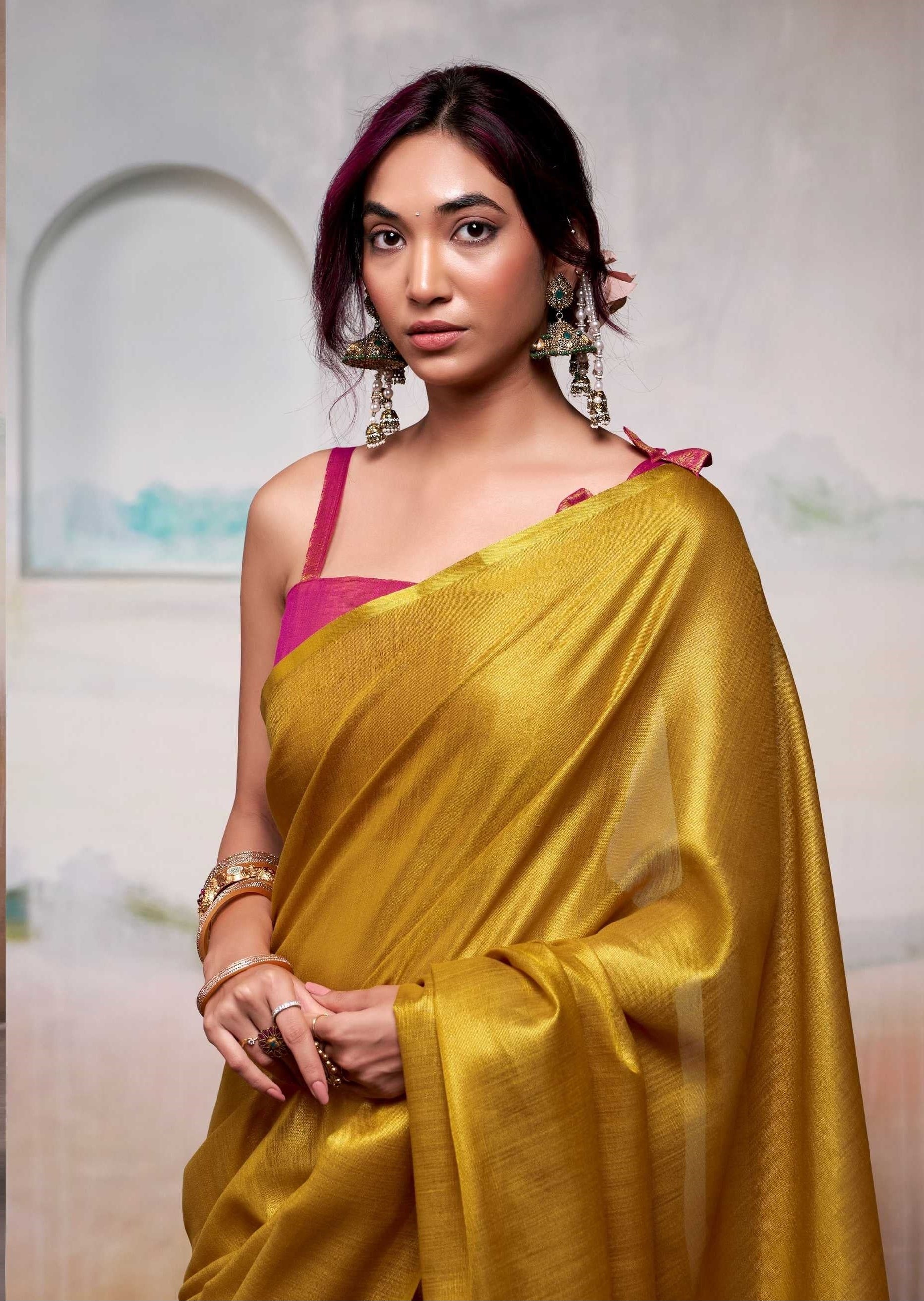 Yellow Handloom Tissue Saree with Contrast Blouse