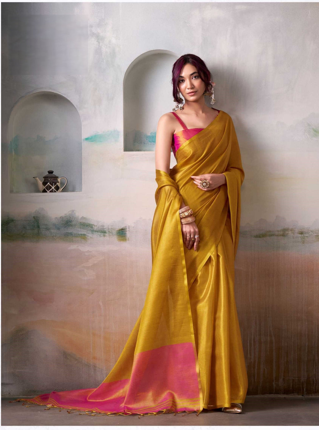 Yellow Handloom Tissue Saree with Contrast Blouse