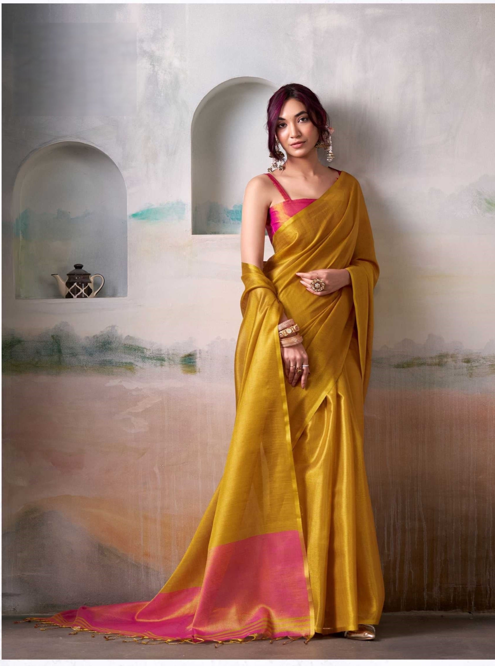 Yellow Handloom Tissue Saree with Contrast Blouse