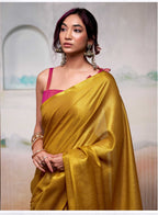 Yellow Handloom Tissue Saree with Contrast Blouse