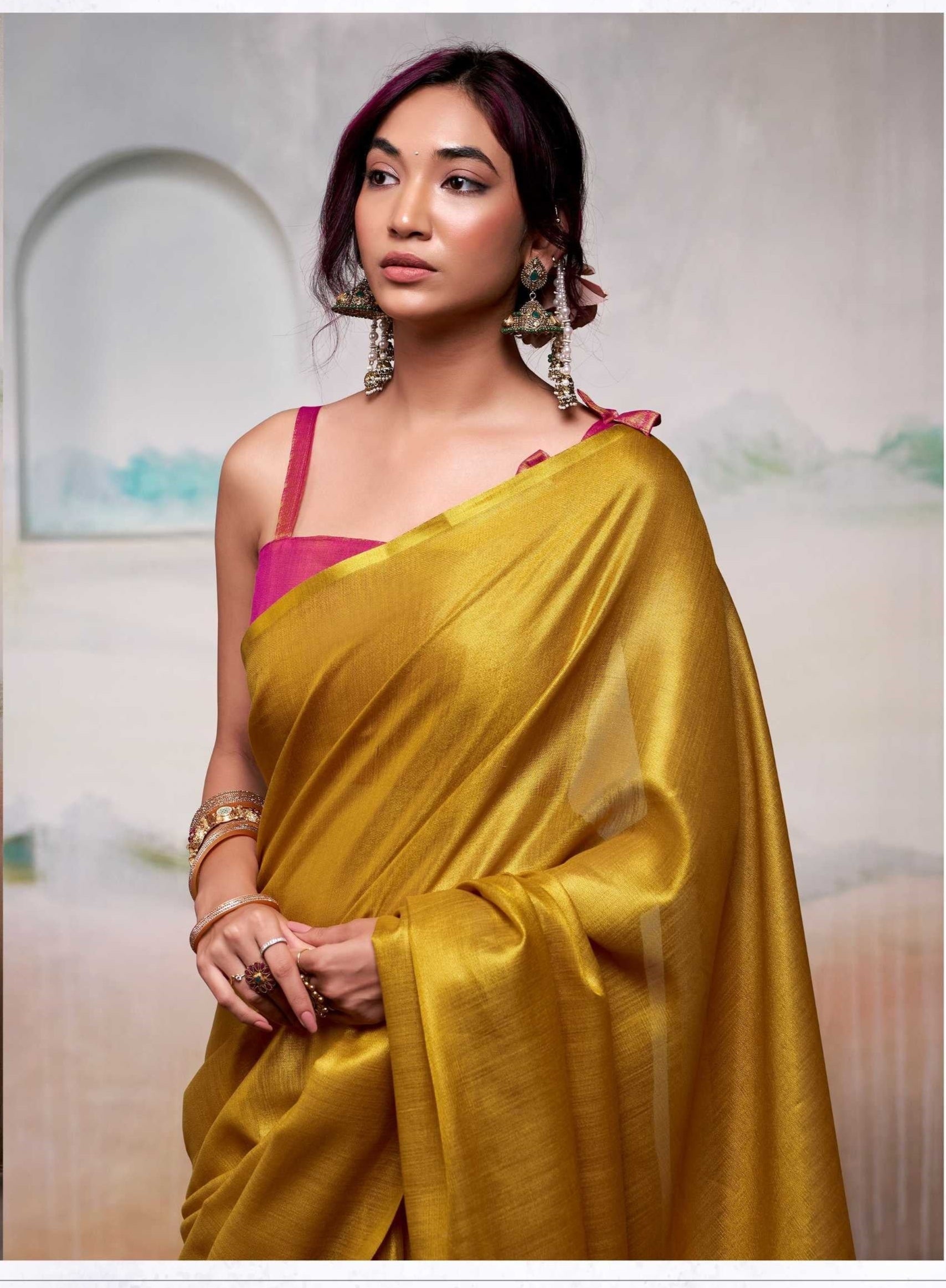 Yellow Handloom Tissue Saree with Contrast Blouse