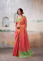 Peach Gold Handloom Tissue Saree with Contrast Blouse