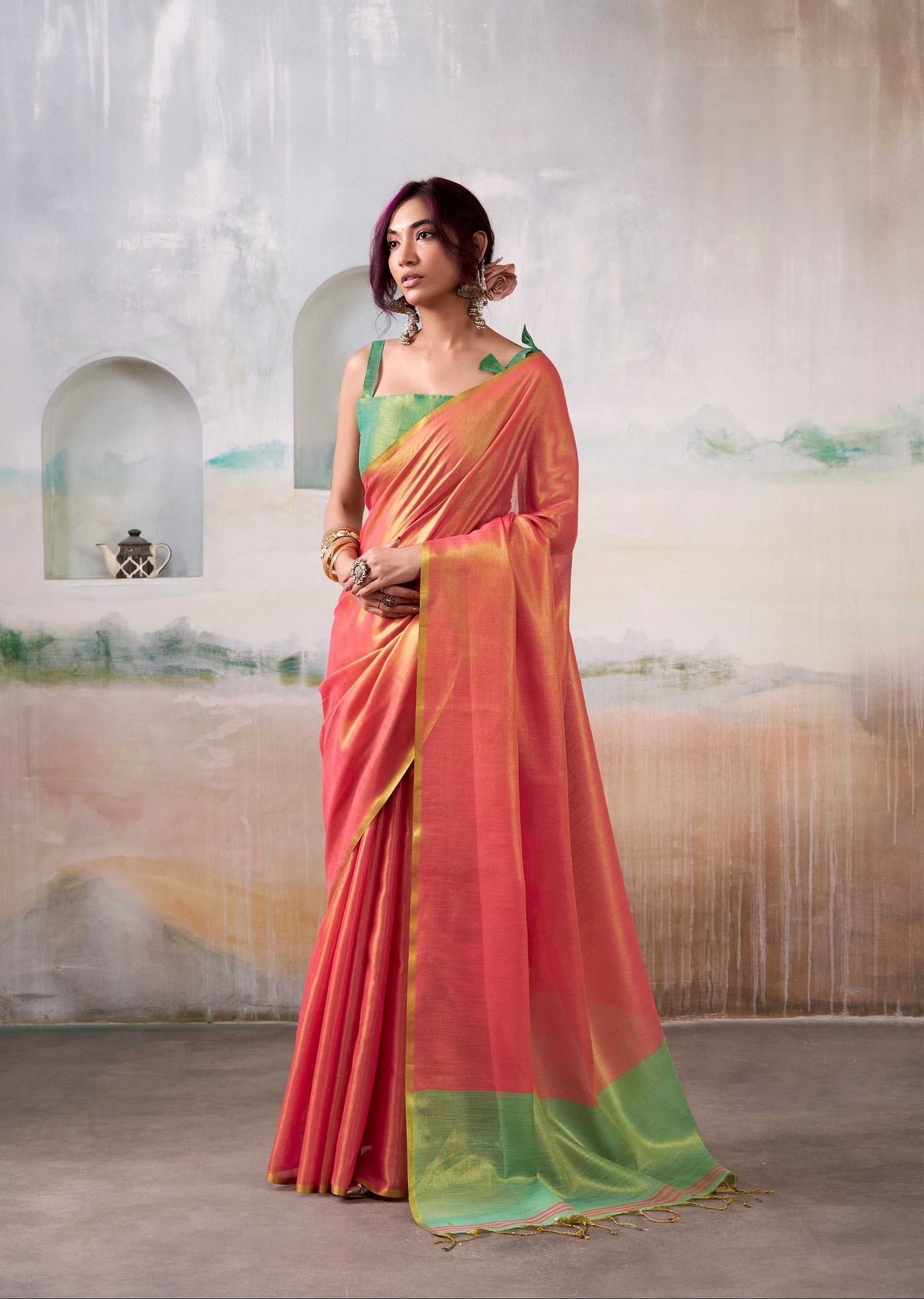 Peach Gold Handloom Tissue Saree with Contrast Blouse