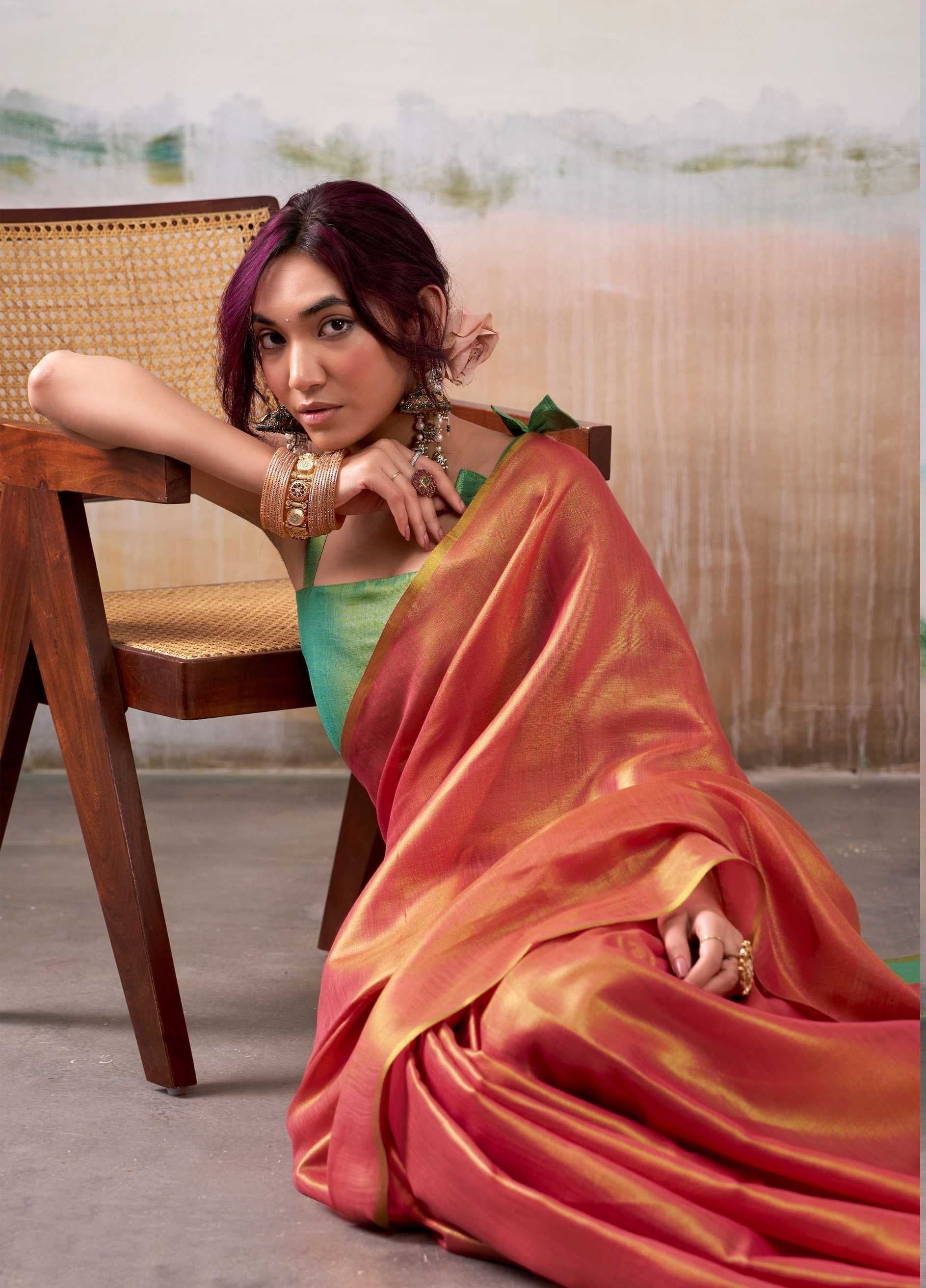 Peach Gold Handloom Tissue Saree with Contrast Blouse