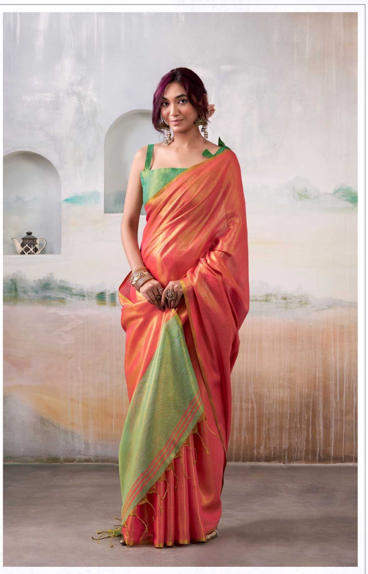Peach Gold Handloom Tissue Saree with Contrast Blouse