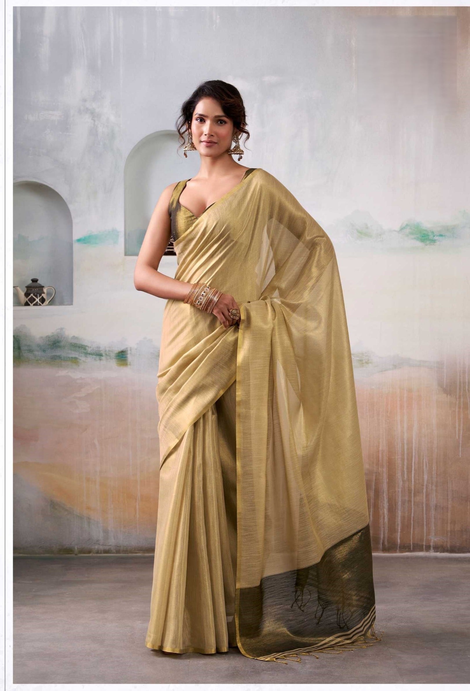 Soft Gold Handloom Tissue Saree with Contrast Blouse
