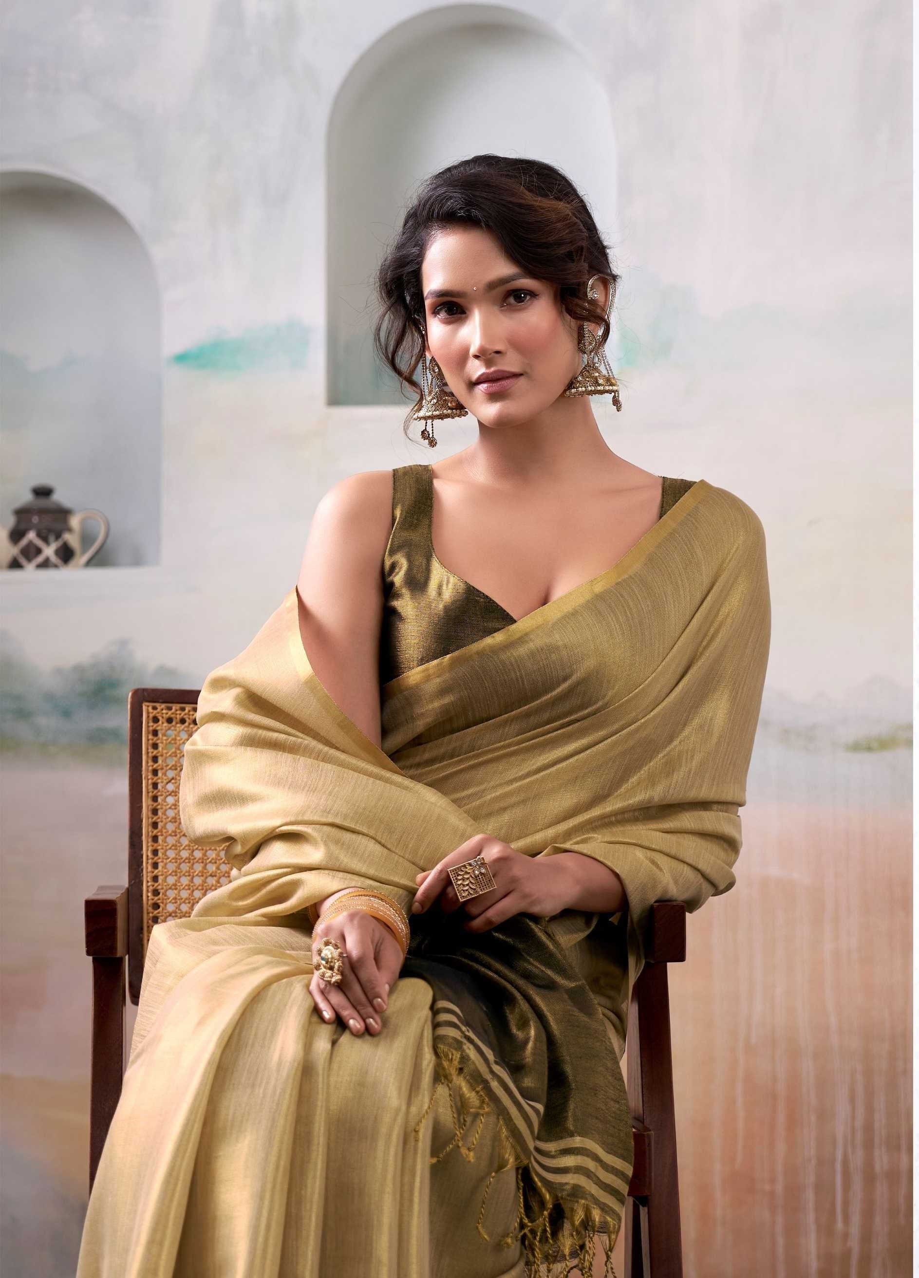 Soft Gold Handloom Tissue Saree with Contrast Blouse